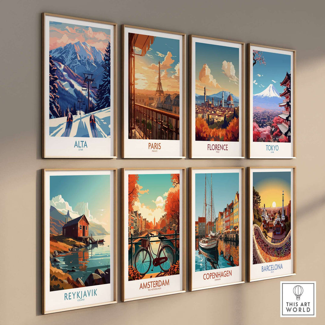 Colorful framed travel prints featuring cityscapes including Alta, Paris, Florence, Tokyo, Reykjavik, Amsterdam, Copenhagen, and Barcelona.