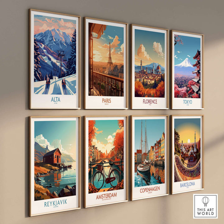 Colorful framed travel prints featuring cityscapes including Alta, Paris, Florence, Tokyo, Reykjavik, Amsterdam, Copenhagen, and Barcelona.