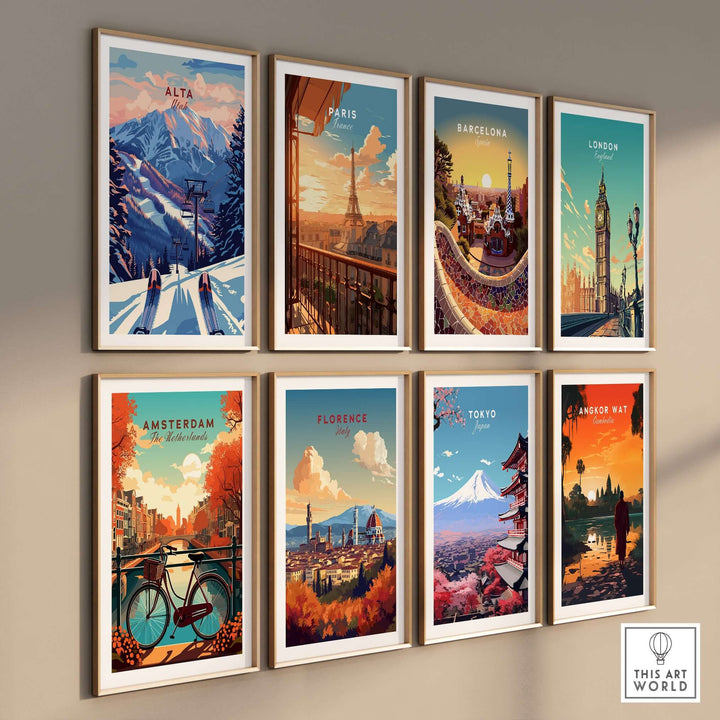 Gallery of vibrant city and travel posters including Alta, Paris, Barcelona, London, Amsterdam, Florence, Tokyo, Angkor Wat.