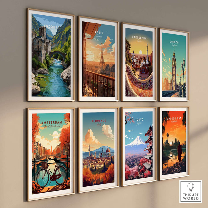 Andorra Poster | European Mountain Valley Decor displayed among various city-themed art prints on a gallery wall.