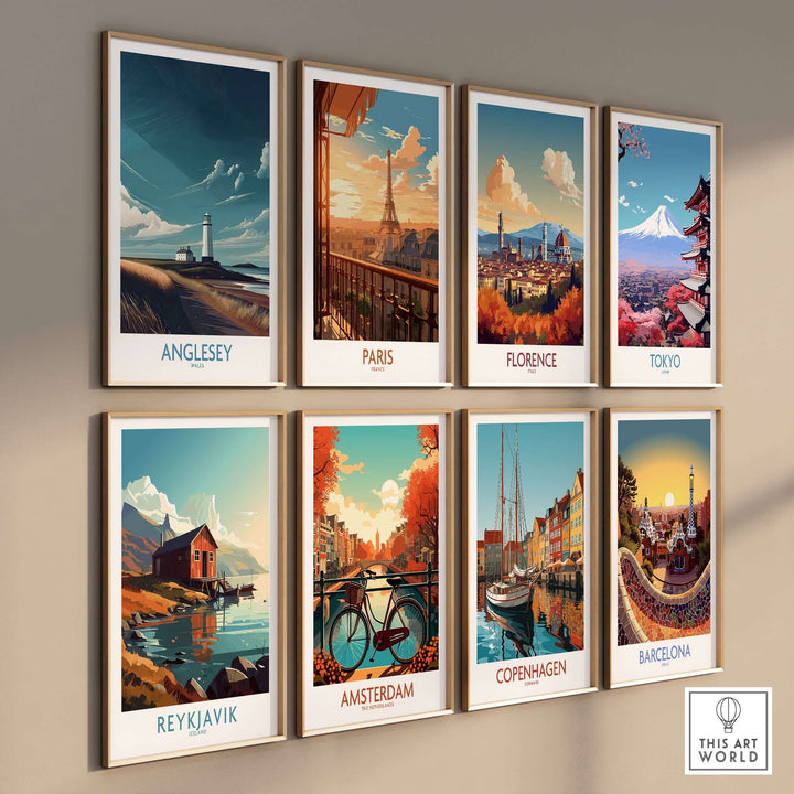A collection of travel posters featuring destinations like Anglesey, Paris, and Tokyo in vibrant colors.