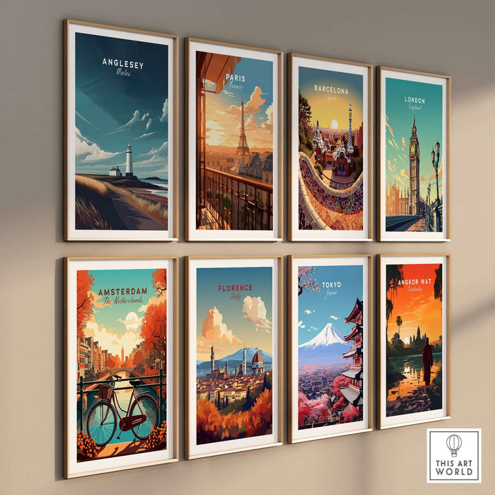 Framed travel posters featuring Anglesey, Paris, Barcelona, London, Amsterdam, Florence, Tokyo, and Angkor Wat.
