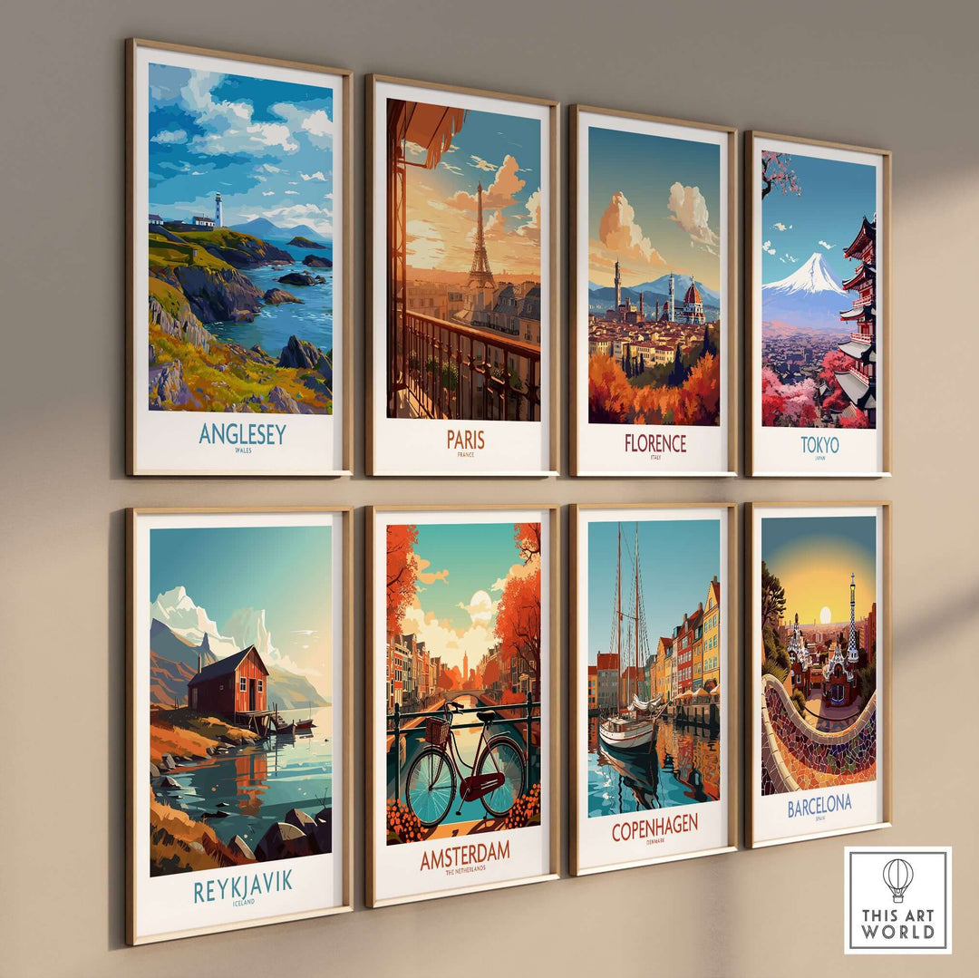 Gallery wall of travel prints featuring Anglesey, Paris, Florence, Tokyo, Reykjavik, Amsterdam, Copenhagen, and Barcelona.