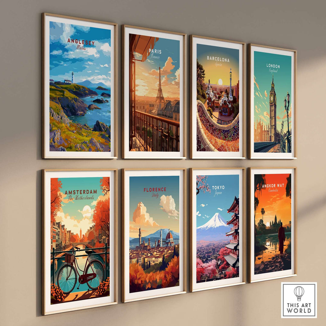 Collection of city posters including Anglesey, Paris, and Tokyo, showcasing iconic landmarks and vibrant colors.