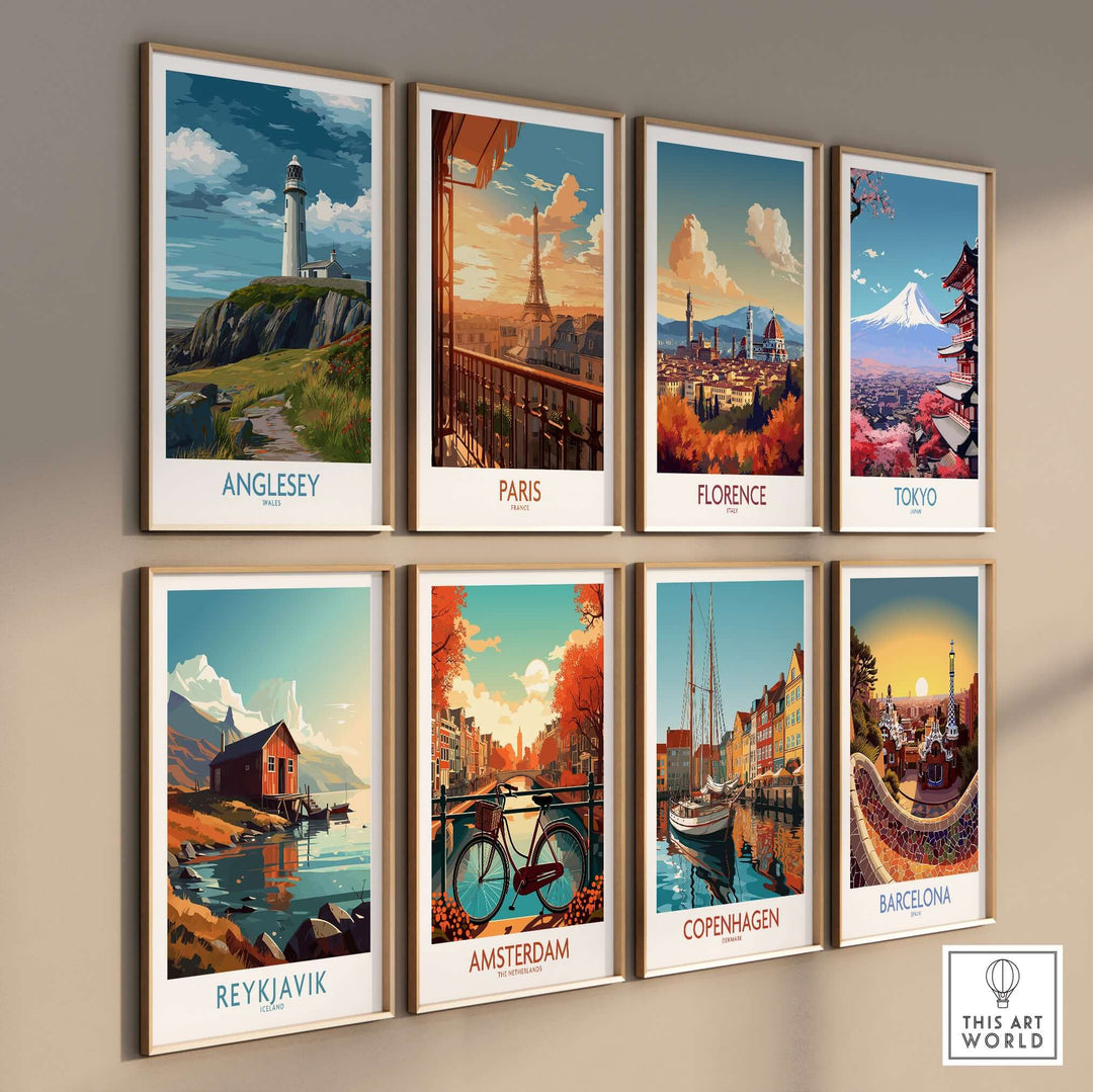 Gallery of scenic city posters featuring landmarks from Anglesey, Paris, Florence, Tokyo, Reykjavik, Amsterdam, Copenhagen, and Barcelona.