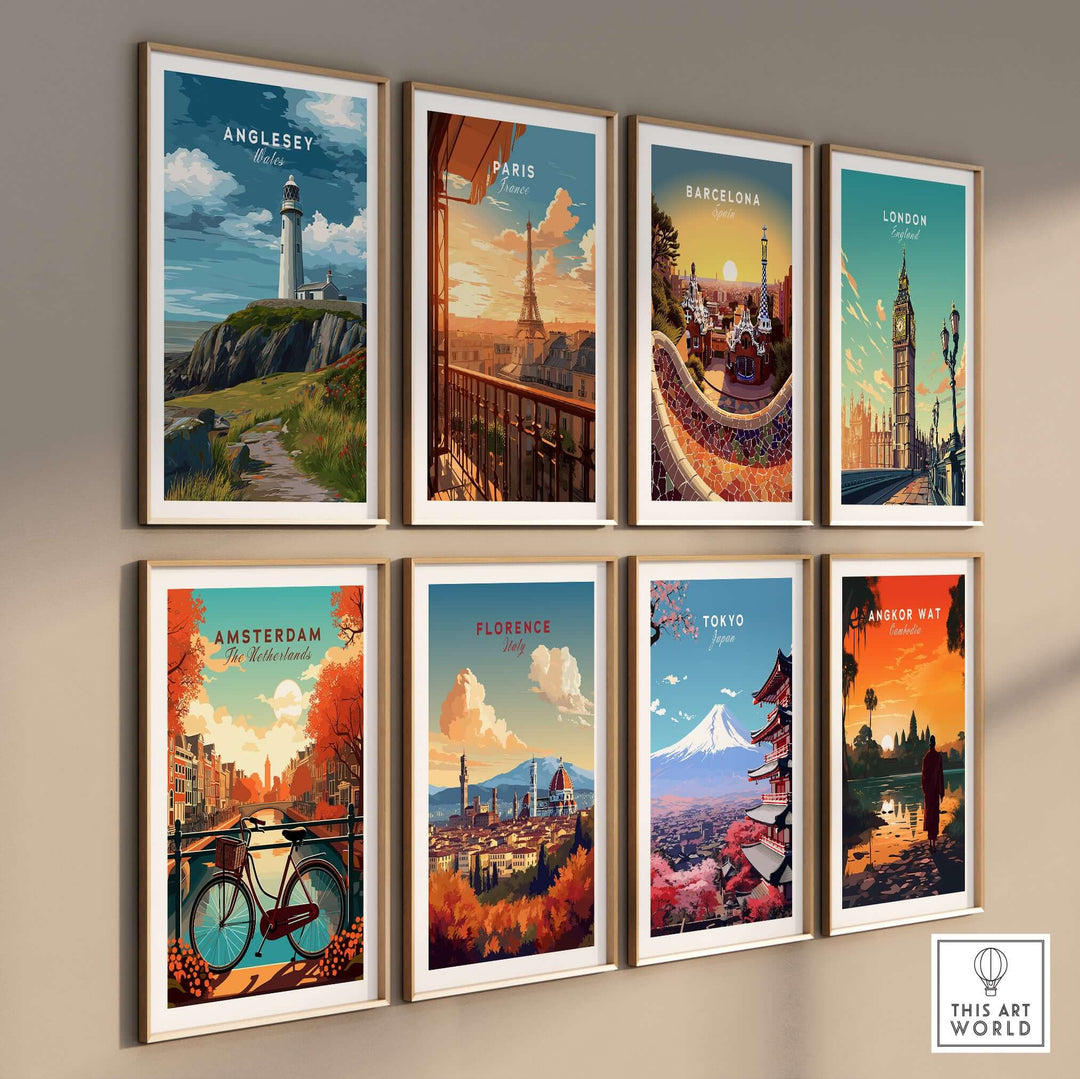 Gallery wall art featuring iconic global landmarks including Anglesey and other city prints.
