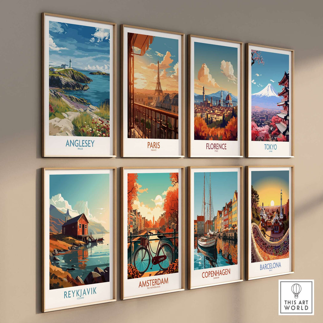 Collection of travel posters showcasing Anglesey, Paris, Florence, Tokyo, Reykjavik, Amsterdam, Copenhagen, and Barcelona.