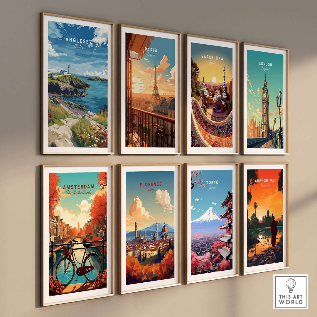 Collection of vibrant travel posters featuring Anglesey, Paris, Barcelona, London, Amsterdam, Florence, Tokyo, and Angkor Wat.