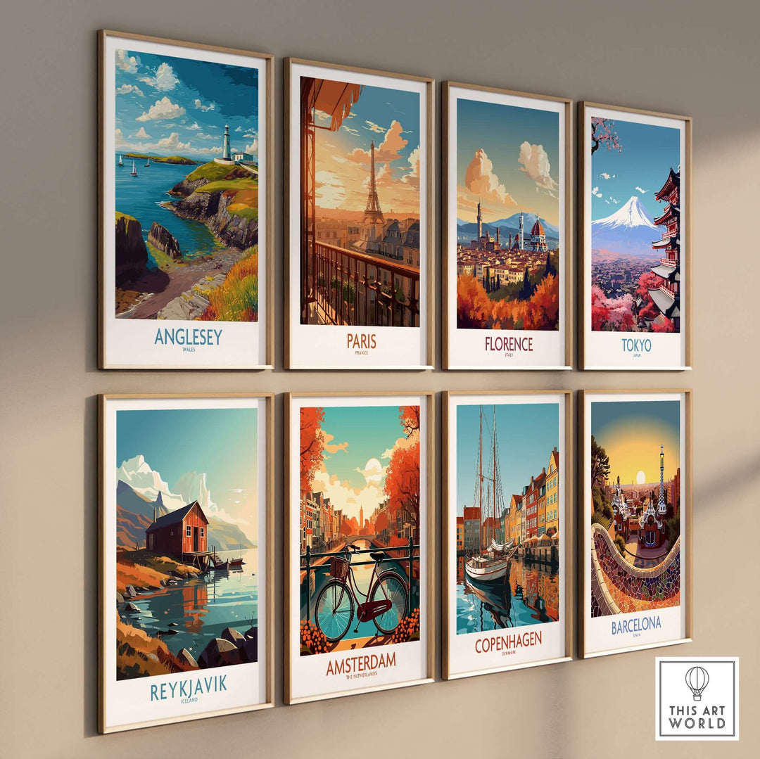 Collection of travel posters featuring Anglesey, Paris, Florence, Tokyo, Reykjavik, Amsterdam, Copenhagen, and Barcelona.