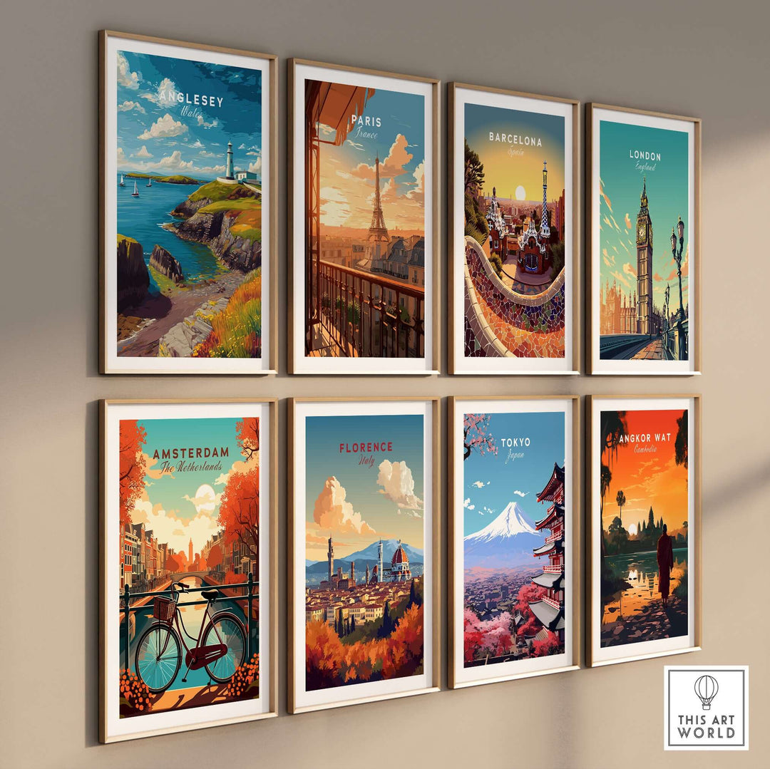 Gallery wall of vibrant city prints featuring Anglesey, Paris, Barcelona, London, Amsterdam, Florence, Tokyo, and Angkor Wat.
