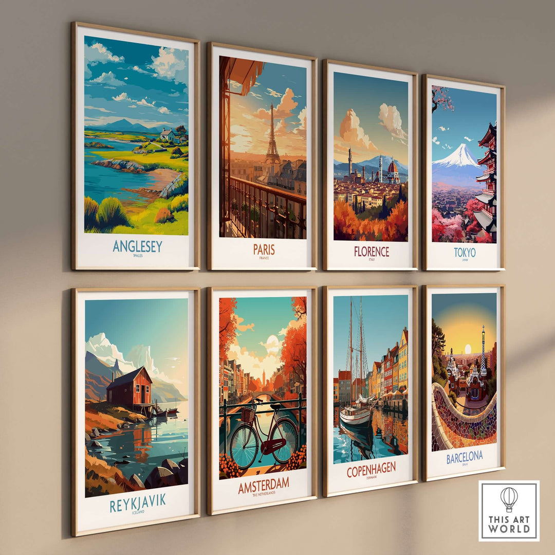 Gallery of travel posters featuring Anglesey, Paris, Florence, Tokyo, Reykjavik, Amsterdam, Copenhagen, and Barcelona.