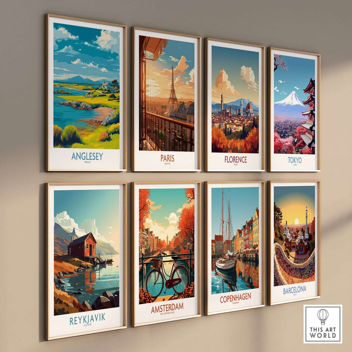 Gallery of travel posters featuring Anglesey, Paris, Florence, Tokyo, Reykjavik, Amsterdam, Copenhagen, and Barcelona.