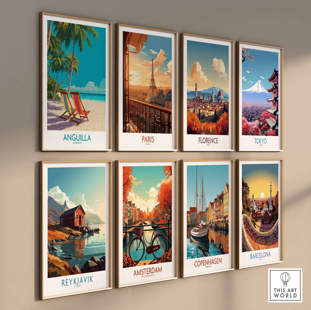 Collection of vibrant travel posters featuring Anguilla, Paris, Florence, Tokyo, Reykjavik, Amsterdam, Copenhagen, and Barcelona.