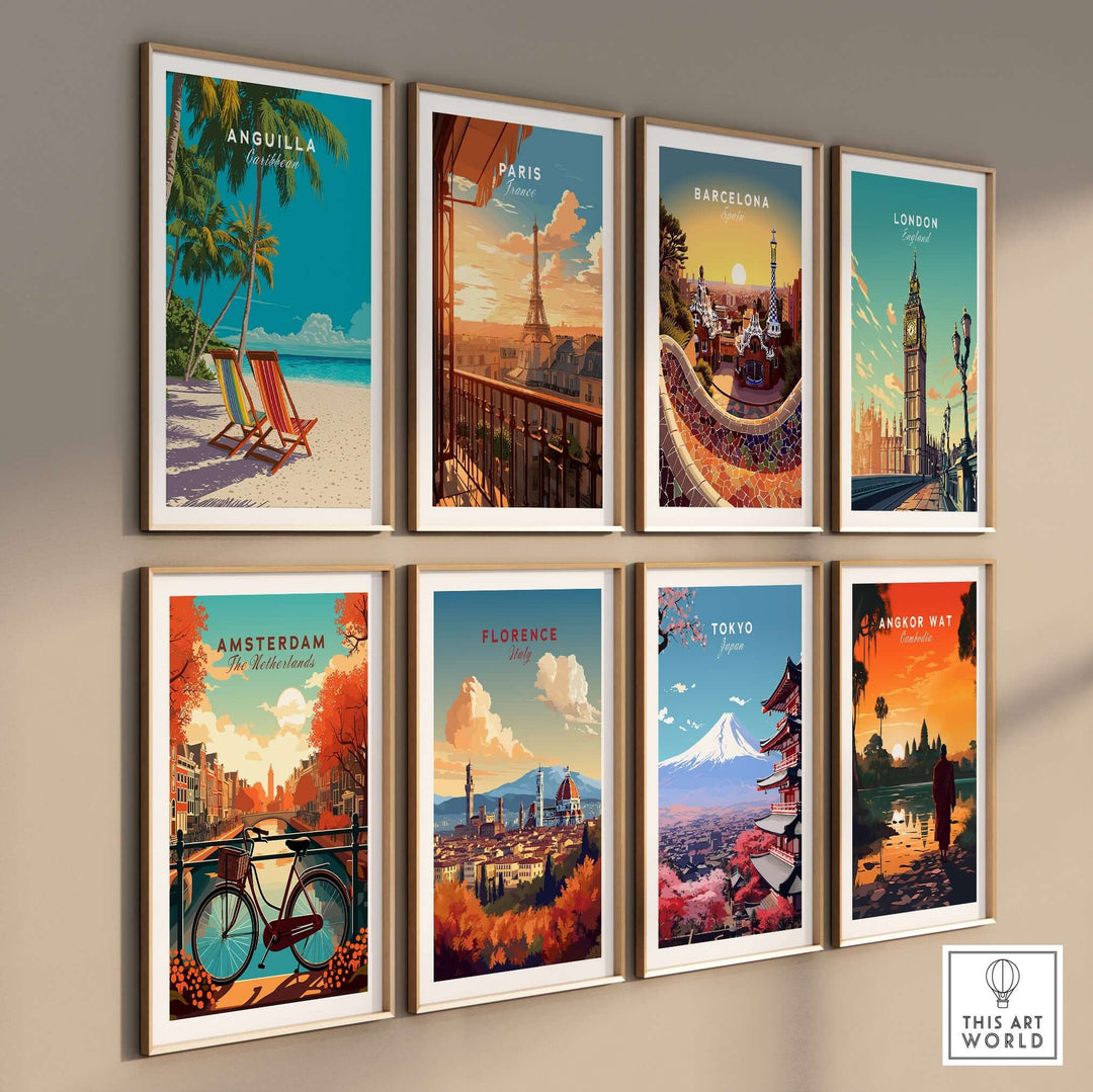 Gallery wall of vibrant travel art prints including Anguilla, Paris, Barcelona, London, and more.