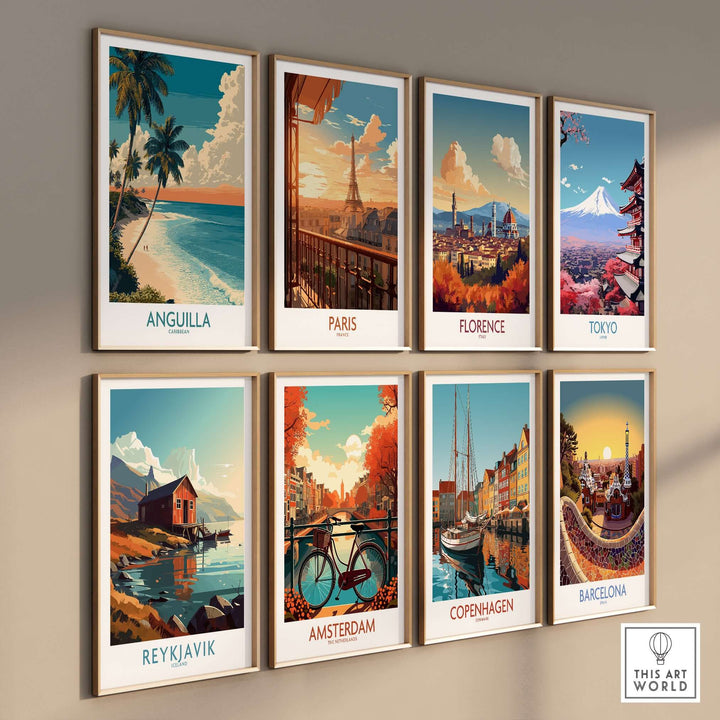 Collection of travel posters featuring Anguilla, Paris, Florence, Tokyo, Reykjavik, Amsterdam, Copenhagen, and Barcelona.