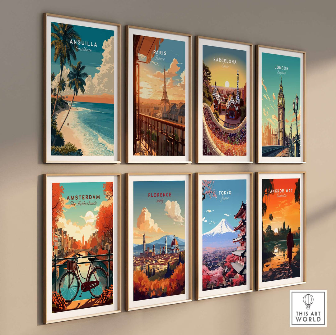 Collage of travel posters including Anguilla, Paris, London, and Tokyo, showcasing vibrant cityscapes and beach scenes.