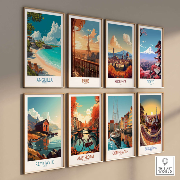 Colorful framed travel prints featuring Anguilla, Paris, Florence, Tokyo, Reykjavik, Amsterdam, Copenhagen, and Barcelona.