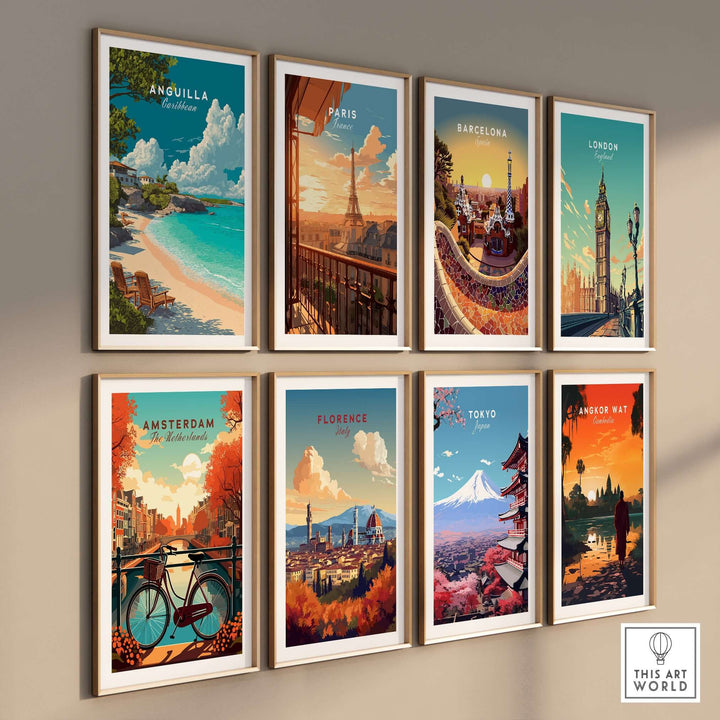 Gallery of vibrant travel prints including Anguilla beach, Paris, Barcelona, London, Amsterdam, Florence, Tokyo, and Bangkok.