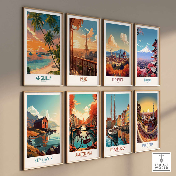 Collection of colorful city prints including Anguilla, Paris, and Tokyo showcased on a wall.