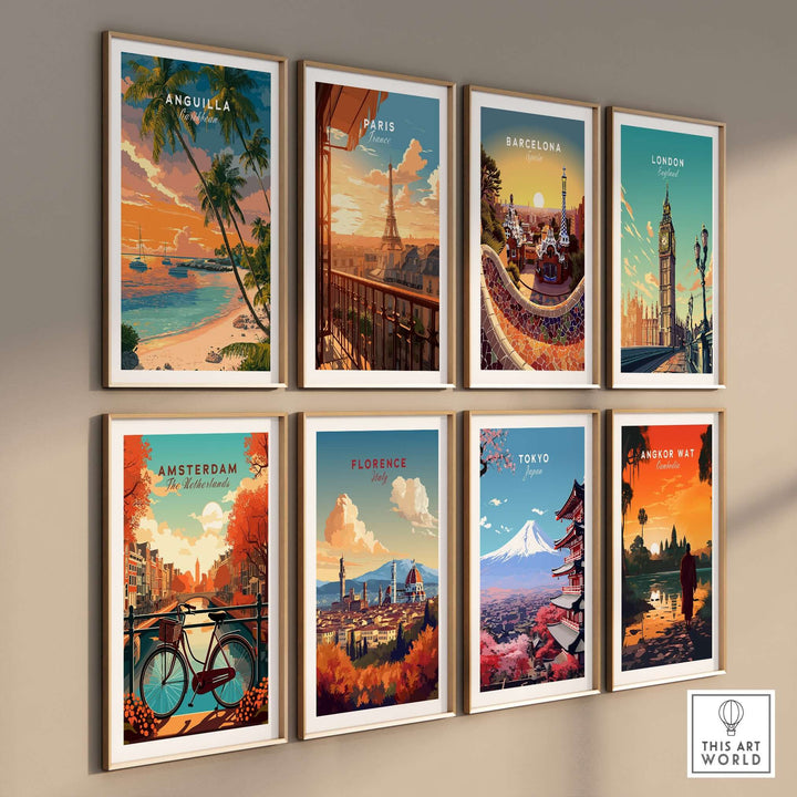 Gallery of colorful travel posters featuring Anguilla, Paris, Barcelona, London, Amsterdam, Florence, Tokyo, and Angkor Wat.