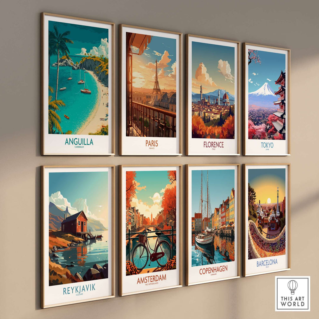 Gallery of vibrant travel posters featuring Anguilla, Paris, Florence, Tokyo, Reykjavik, Amsterdam, Copenhagen, and Barcelona.