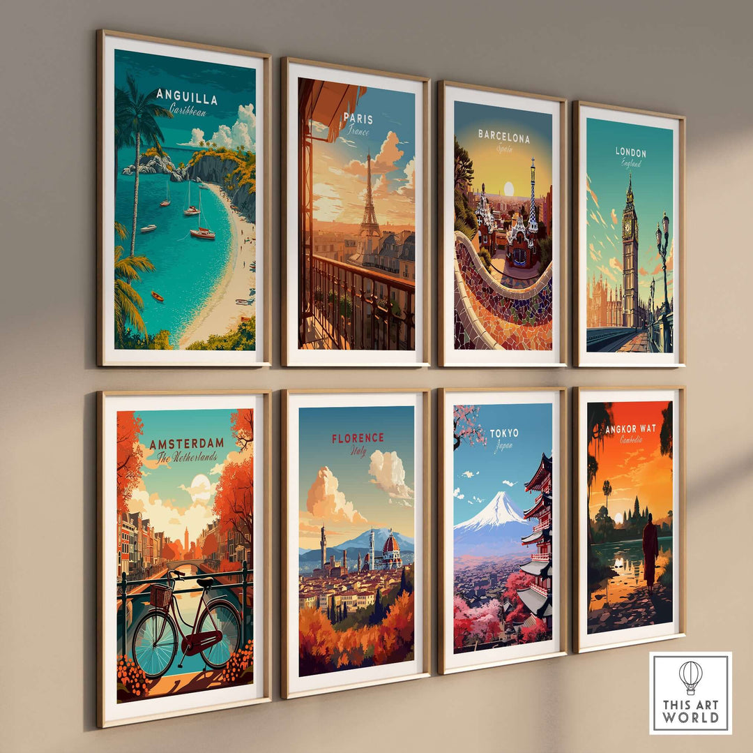 Collection of travel posters featuring Anguilla, Paris, Barcelona, London, Amsterdam, Florence, Tokyo, and Angkor Wat.