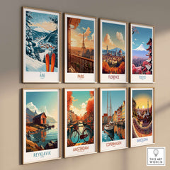 Colorful travel posters featuring Åre, Paris, Florence, Tokyo, Reykjavik, Amsterdam, Copenhagen, and Barcelona.