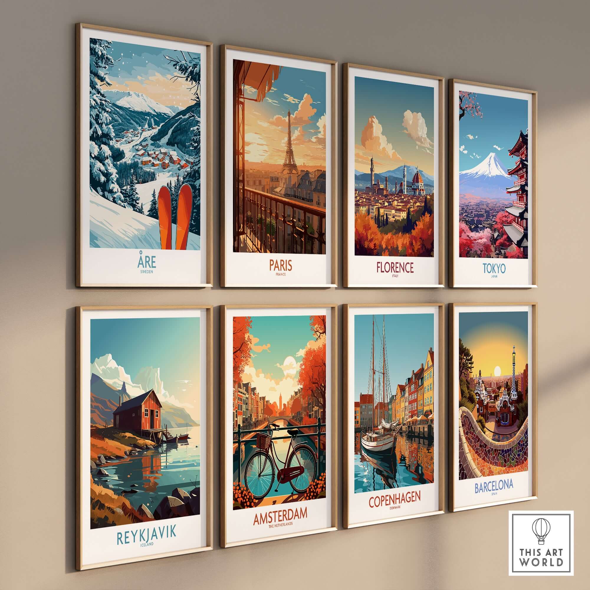 Colorful travel posters featuring Åre, Paris, Florence, Tokyo, Reykjavik, Amsterdam, Copenhagen, and Barcelona.