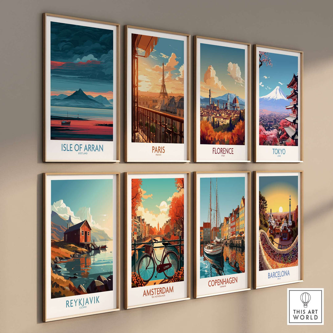 Artistic travel posters featuring Isle of Arran, Paris, Florence, Tokyo, Reykjavik, Amsterdam, Copenhagen, and Barcelona.