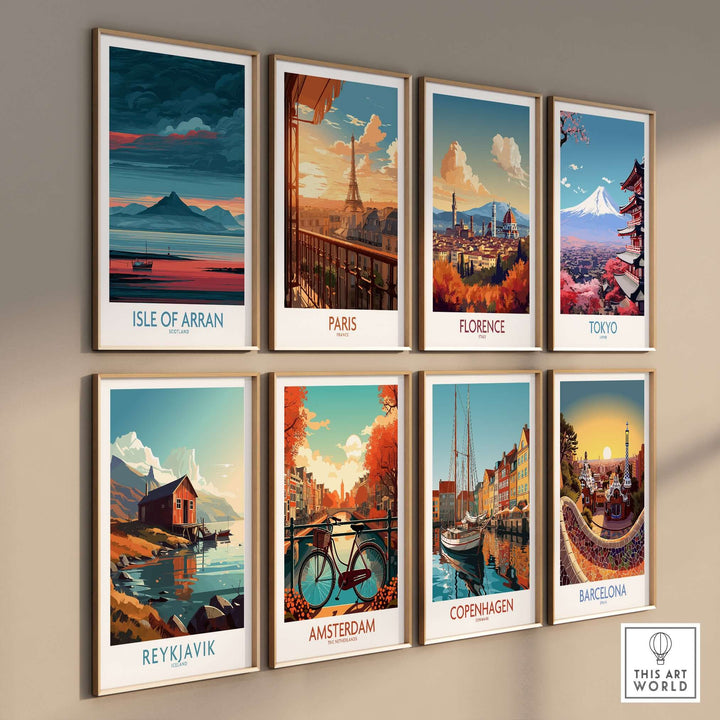 Artistic travel posters featuring Isle of Arran, Paris, Florence, Tokyo, Reykjavik, Amsterdam, Copenhagen, and Barcelona.