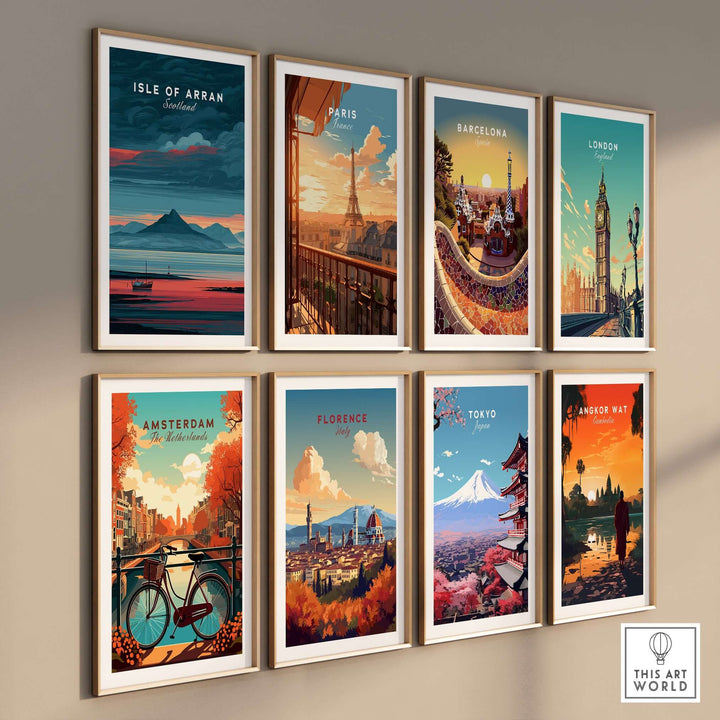 Collection of travel art prints featuring scenic landscapes of Isle of Arran, Paris, Barcelona, London, and more.