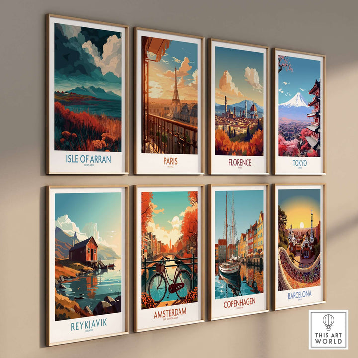 Gallery wall of colorful travel posters featuring iconic landscapes of Isle of Arran, Paris, Florence, Tokyo, and more.