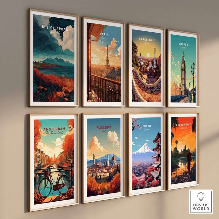 Gallery of travel wall art featuring prints of Isle of Arran, Paris, Barcelona, London, and more.