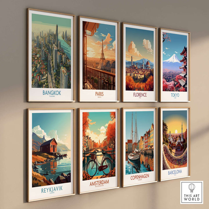 Gallery of vibrant cityscape posters including Bangkok, Paris, Florence, Tokyo, Reykjavik, Amsterdam, Copenhagen, and Barcelona.