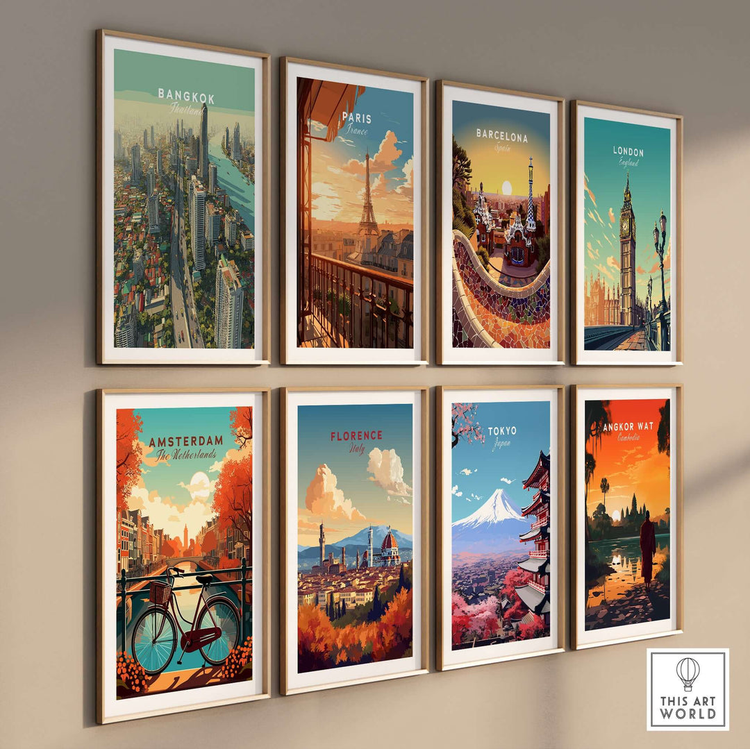 A collection of city skyline posters including Bangkok, Paris, Barcelona, London, Amsterdam, Florence, Tokyo, and Angkor Wat.