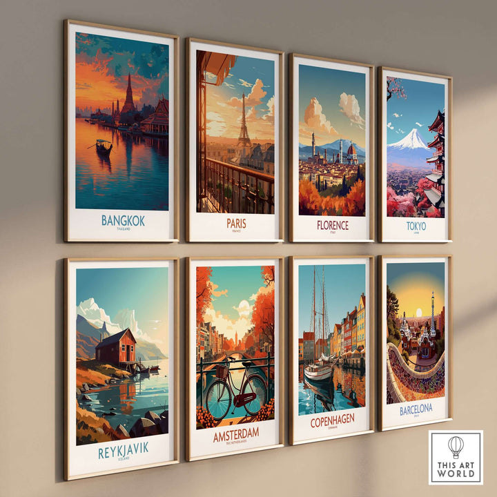 Collection of vintage travel posters featuring Bangkok, Paris, Florence, Tokyo, Reykjavik, Amsterdam, Copenhagen, and Barcelona.