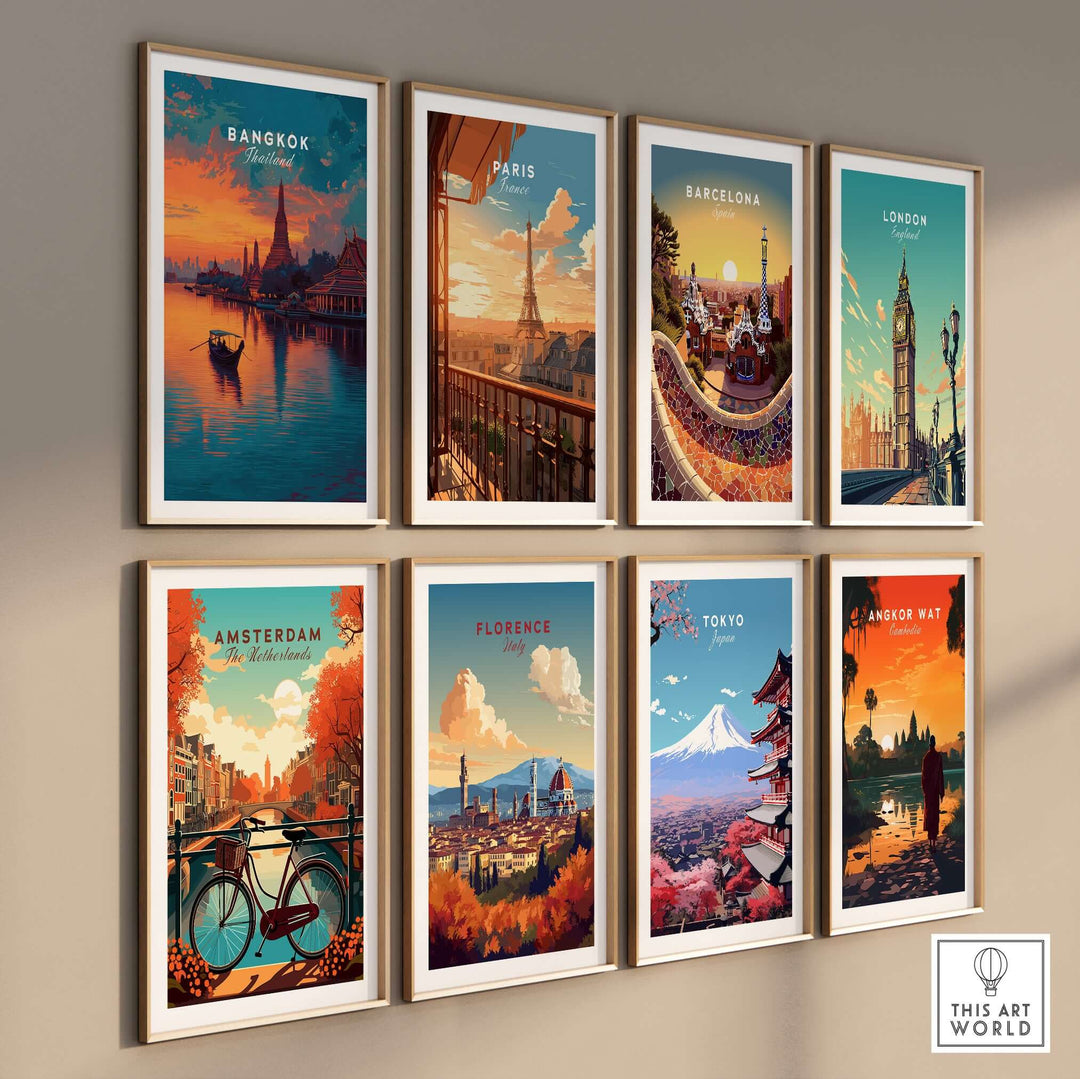 Gallery of travel-themed wall art featuring iconic cities like Bangkok, Paris, and Tokyo in vibrant colors.