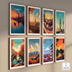 Bangkok Thailand Wat Arun Sunset Reflection Print - Temple of Dawn Wall Art displayed among other city prints.