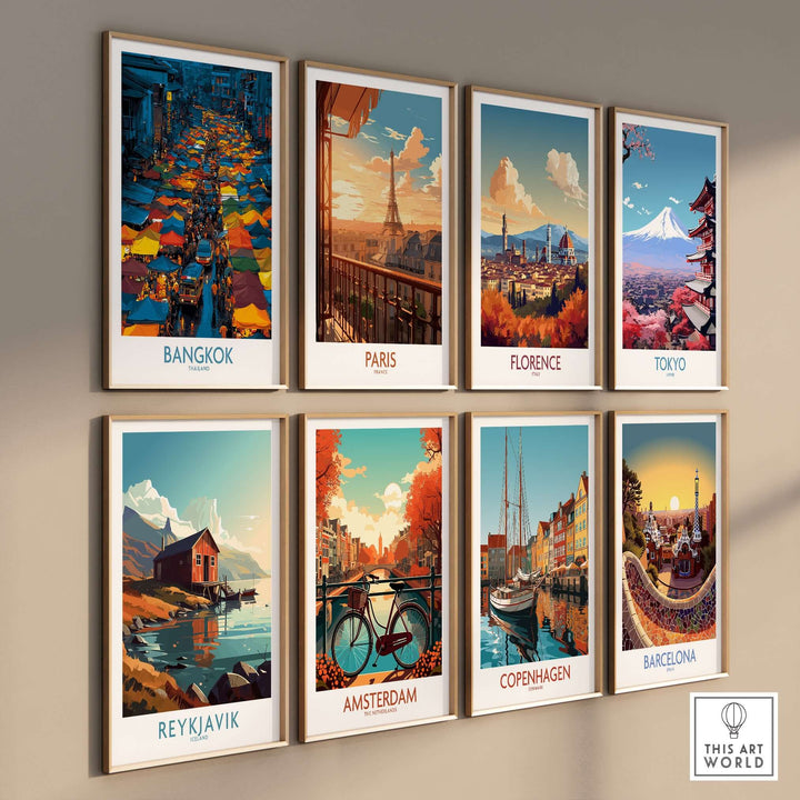 Wall art featuring vibrant travel scenes from Bangkok, Paris, Florence, Tokyo, Reykjavik, Amsterdam, Copenhagen, and Barcelona.