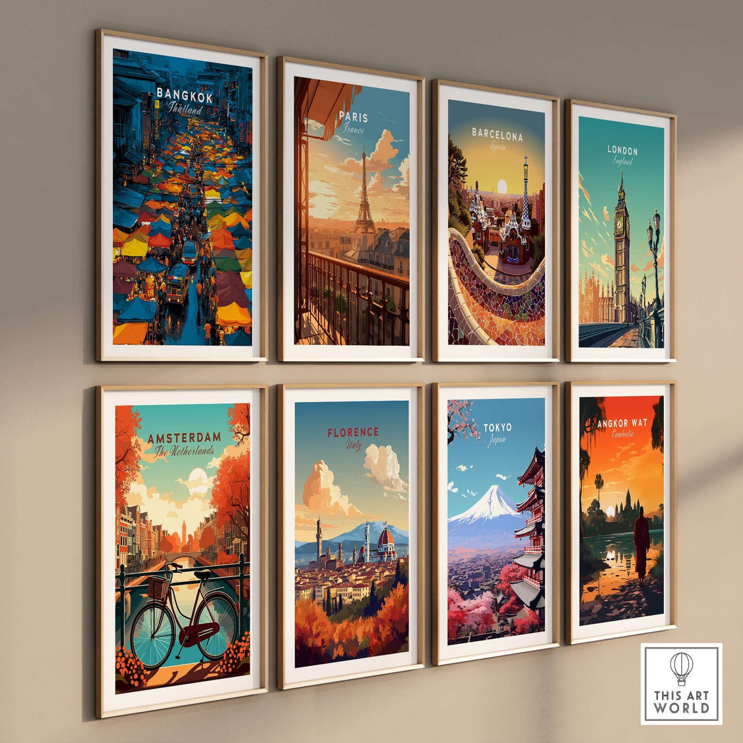 Overhead poster collage featuring vibrant city scenes: Bangkok, Paris, Barcelona, London, Amsterdam, Florence, Tokyo, and Angkor Wat.