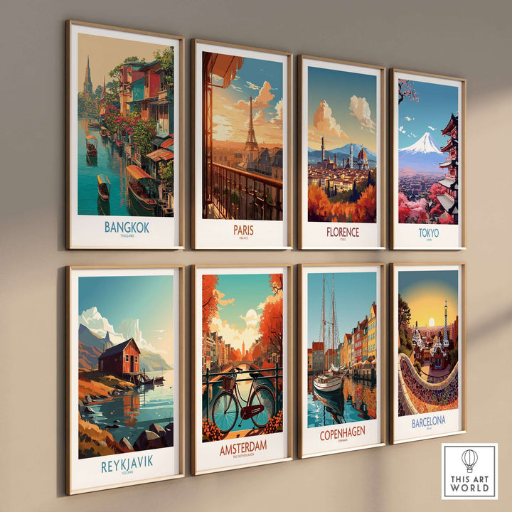 Collage of travel posters featuring vibrant cities like Bangkok, Paris, Florence, Tokyo, Reykjavik, Amsterdam, Copenhagen, and Barcelona.
