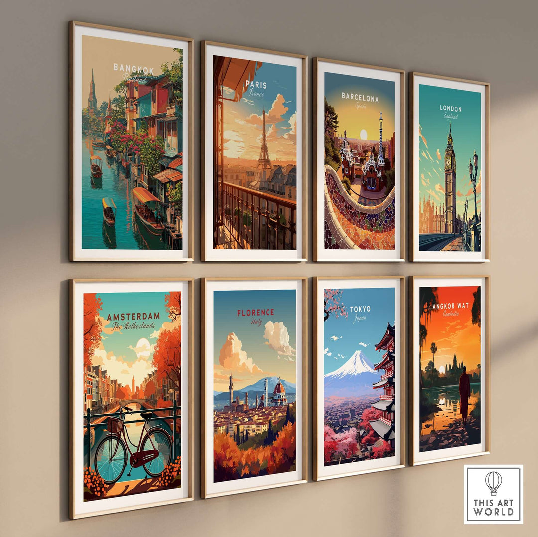 Collection of vibrant city prints featuring Bangkok, Paris, Barcelona, and more in stylish frames.