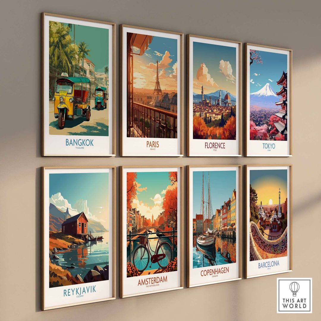 Colorful travel poster collage featuring Bangkok, Paris, Florence, Tokyo, Reykjavik, Amsterdam, Copenhagen, and Barcelona.