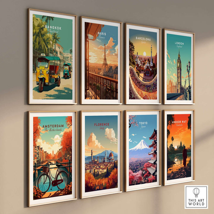 Vibrant wall art poster collection featuring Bangkok, Paris, Barcelona, London, Amsterdam, Florence, Tokyo, and Angkor Wat.
