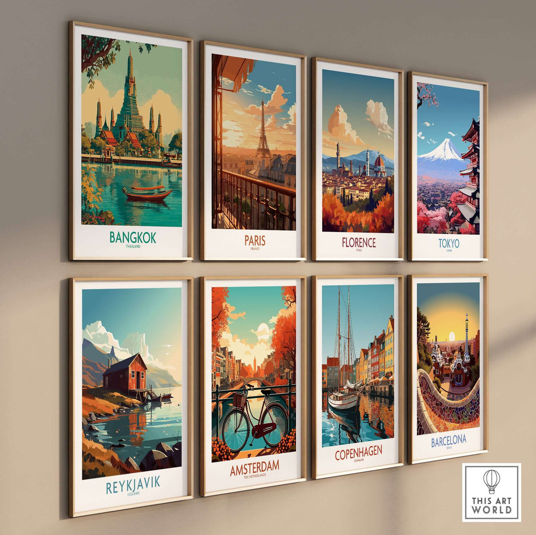 Colorful travel posters featuring iconic cities: Bangkok, Paris, Florence, Tokyo, Reykjavik, Amsterdam, Copenhagen, and Barcelona.