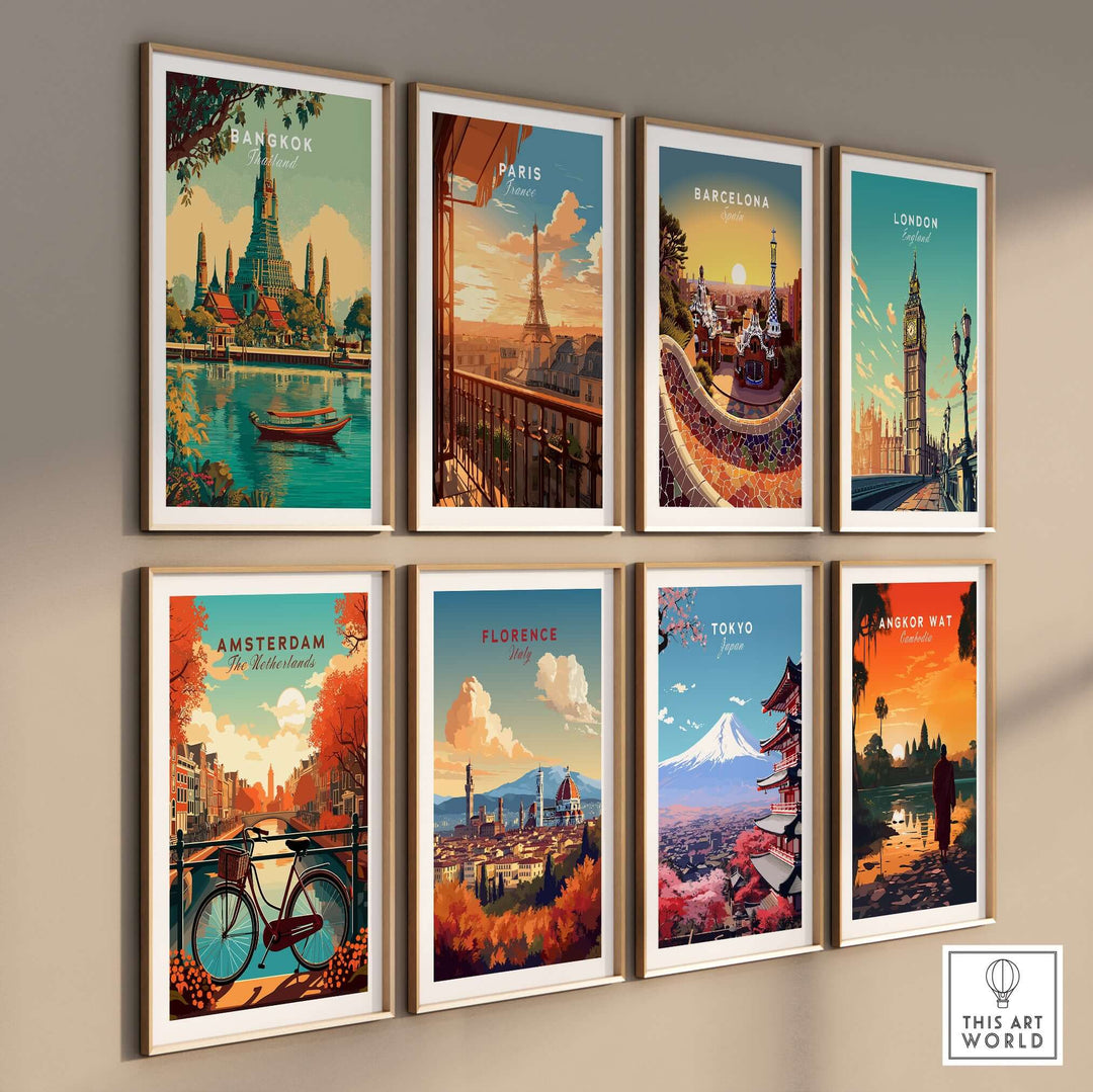 Gallery of city posters including Bangkok, Paris, Barcelona, and more, showcasing iconic landmarks and vibrant art.