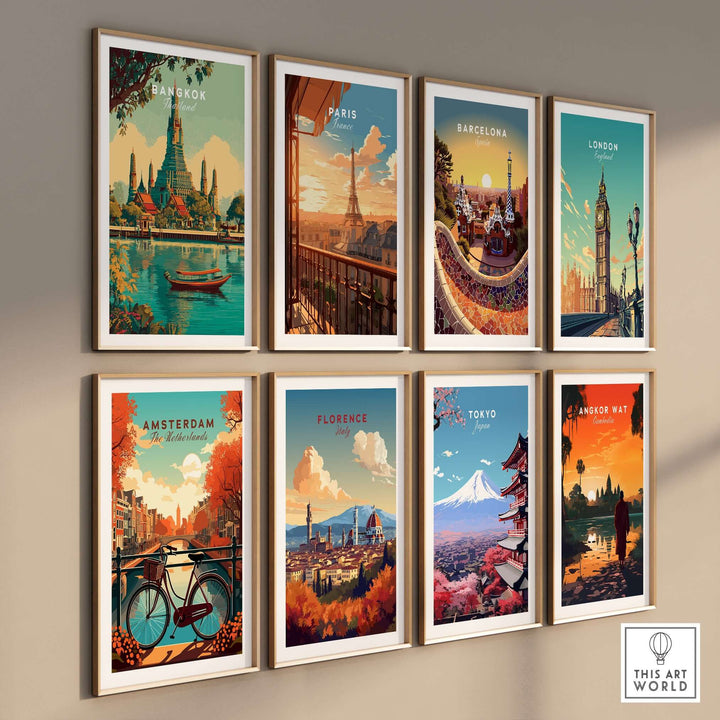 Gallery of city posters including Bangkok, Paris, Barcelona, and more, showcasing iconic landmarks and vibrant art.