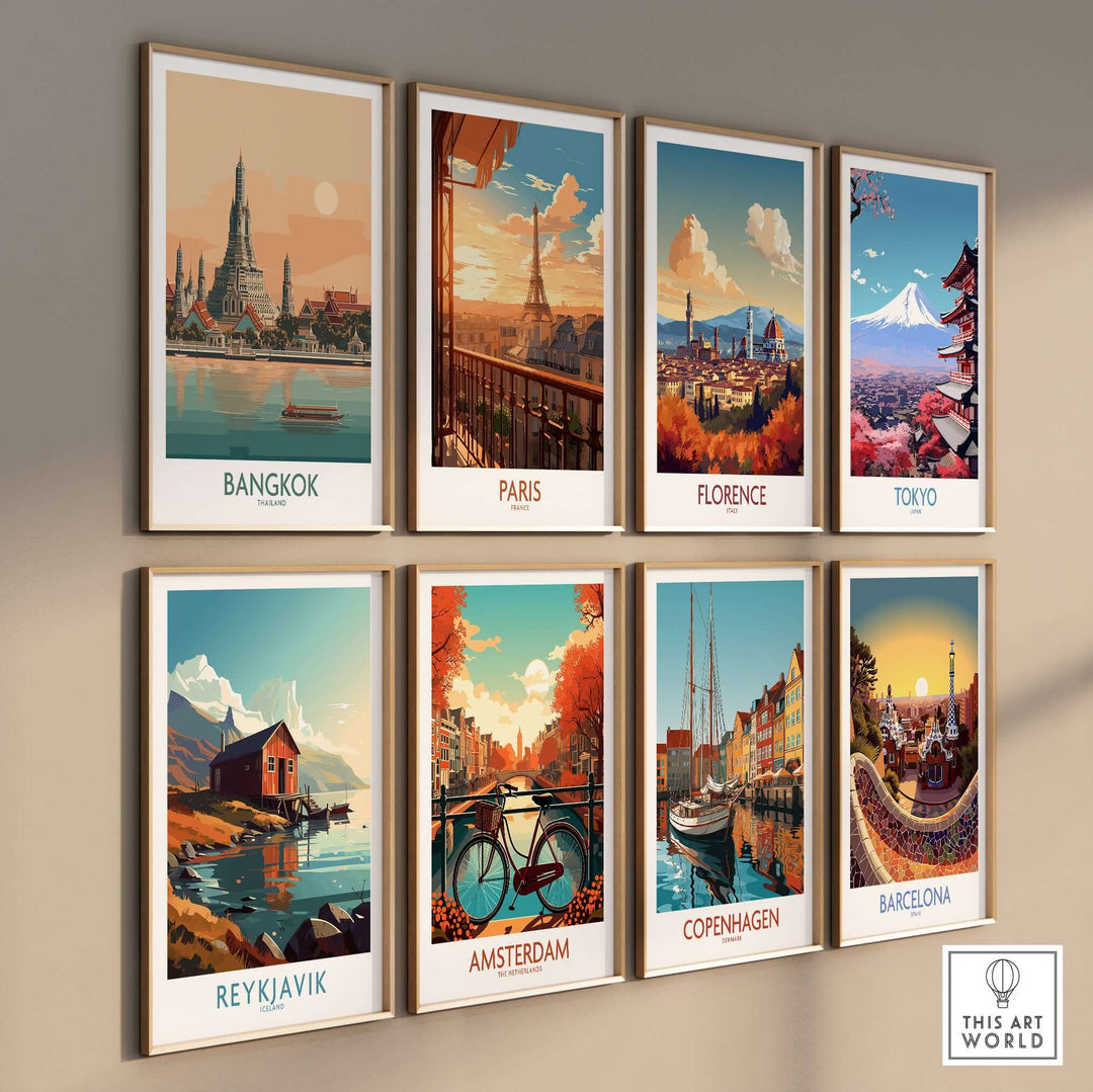 Collection of vintage city posters featuring Bangkok, Paris, Florence, Tokyo, Reykjavik, Amsterdam, Copenhagen, and Barcelona.
