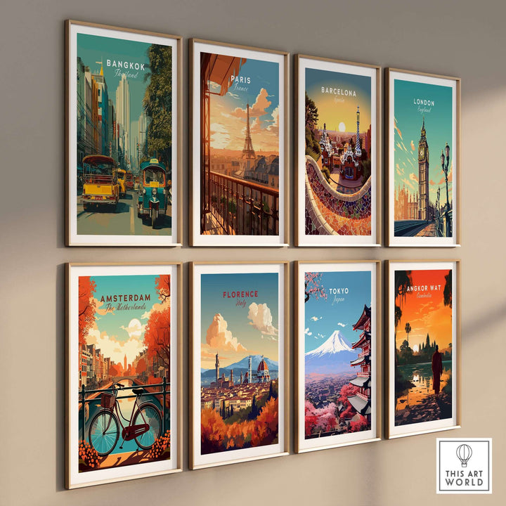Gallery wall of vibrant travel posters featuring Bangkok, Paris, Barcelona, London, Amsterdam, Florence, Tokyo, and Angkor Wat.
