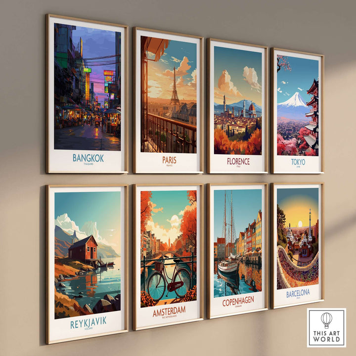 Gallery of vibrant city-themed wall art showcasing Bangkok, Paris, Florence, Tokyo, Reykjavik, Amsterdam, Copenhagen, and Barcelona.